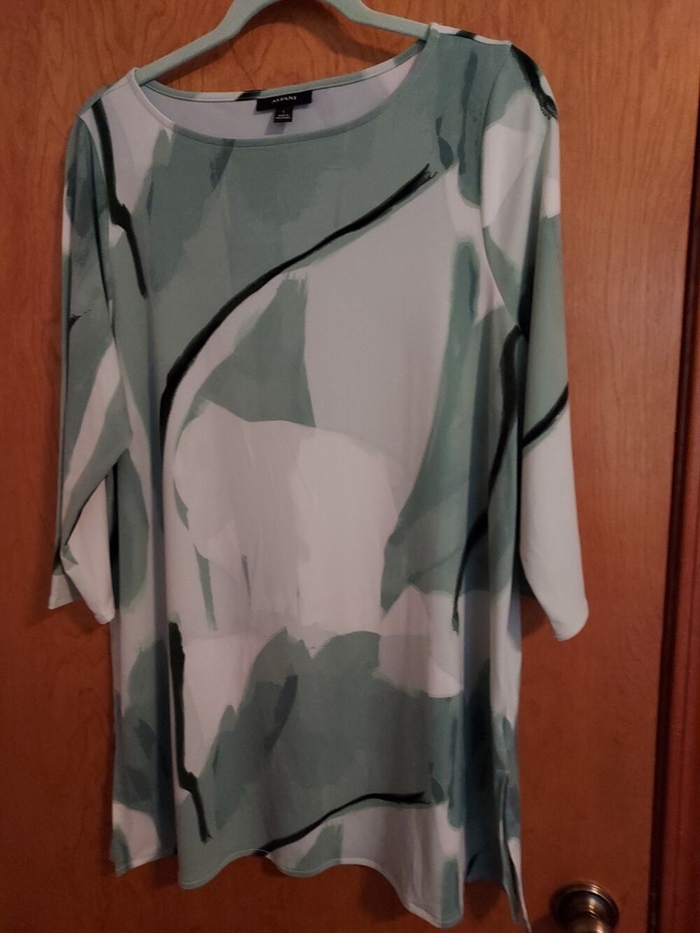 Alfani Blouse size Large Tunic abstract womens knit polyester 3/4 sleeve Sage gr